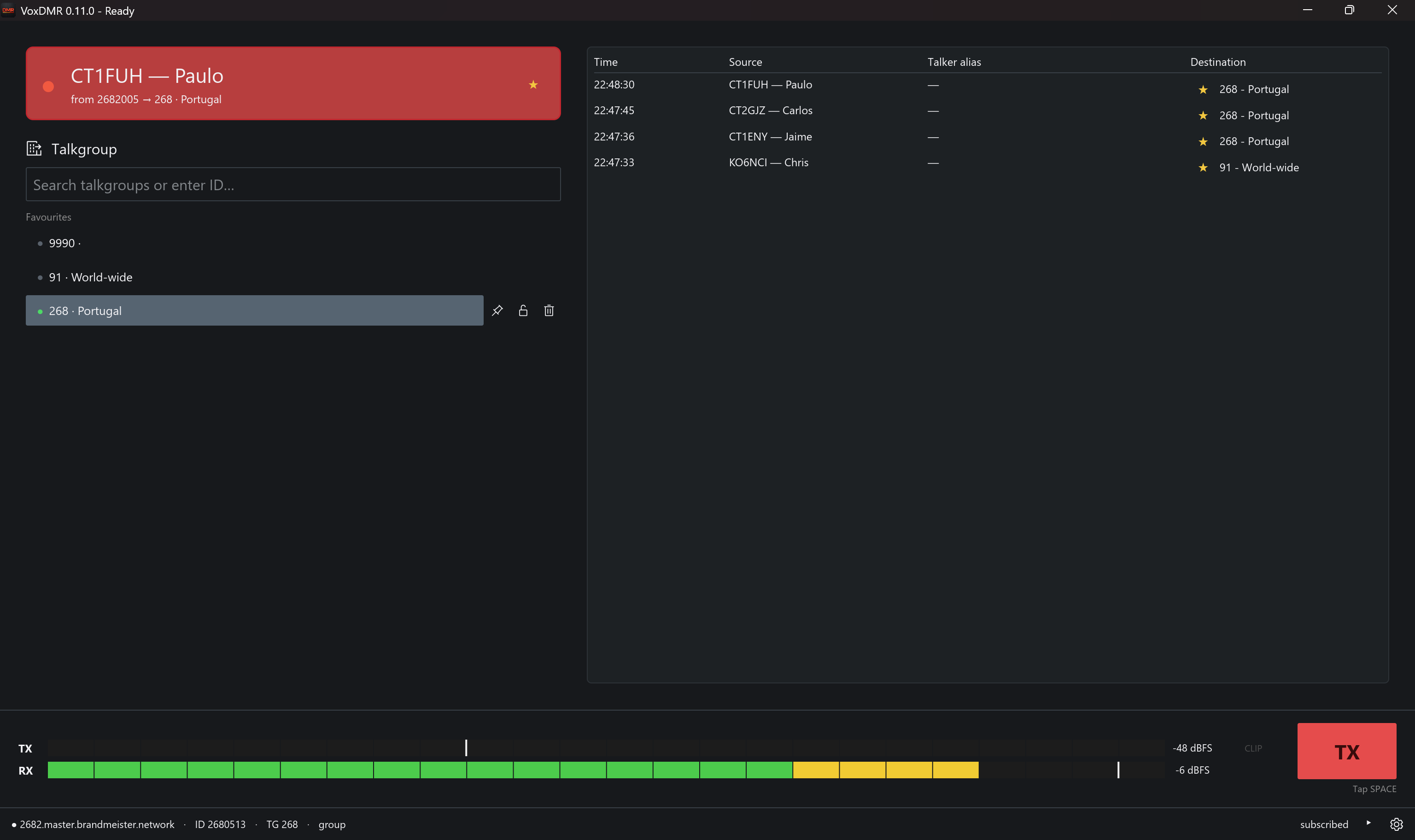 VoxDMR desktop window mid-receive: DMR talkgroup active, talker alias and audio meter visible